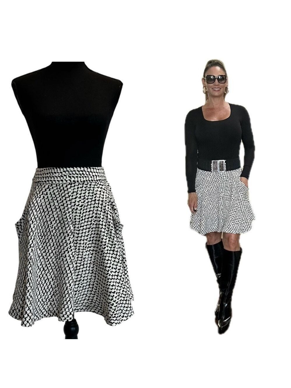 Zara white black printed A-line skater circle mini skirt Sz M pockets flowy
